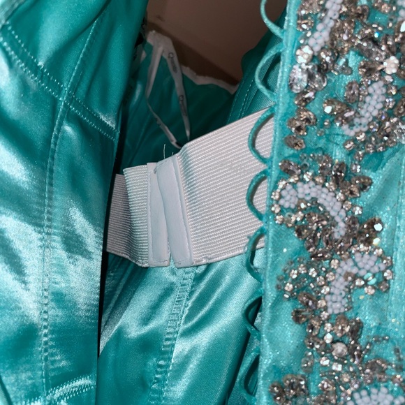 Champagne/Aqua Ruffled Strapless Quinceañera Dress by House of Wu (26800) Size 4 - Picture 9 of 17